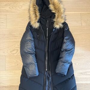 All Saints Black Puffer Coat with Faux-Fur Trim Hood